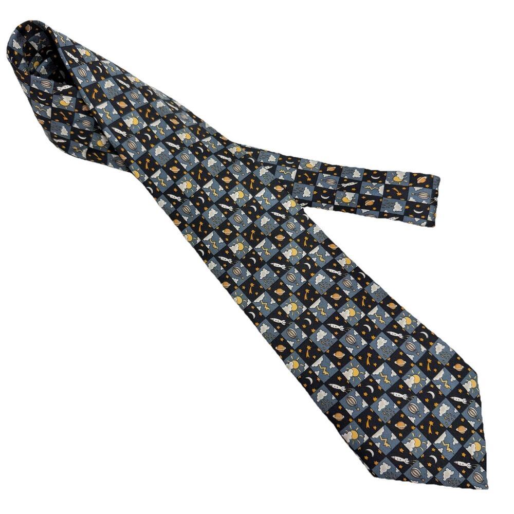 HERMES 7803 Silk Neck Tie 56”x3.5” Blue Rocket Hot Air Balloon Planet Stars EUC - Picture 3 of 5